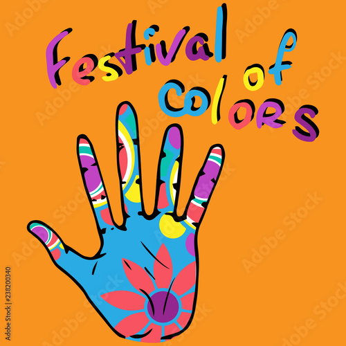 Palm in bright colors icon. Vector illustration hand in color paints symbol of the holiday of Holi. Hand drawn color palm. Indian festival of colors Holi.