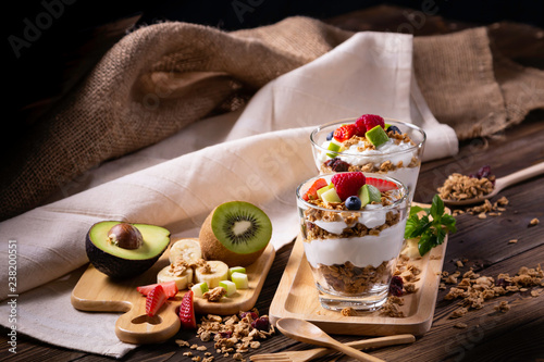 Healthy layered dessert with yogurt