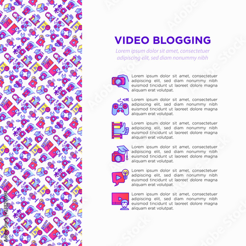 Video blogging concept with thin line icons: vlog, ASMR, mukbang, unboxing, DIY, stream game, review, collaboration, podcast, tips and tricks. Vector illustration, print media template.