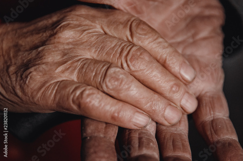 Elderly couple, man holding woman hands love.