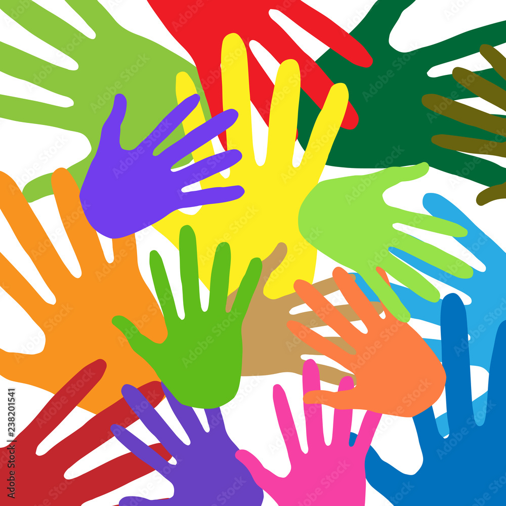 Fototapeta premium Background of multi-colored prints of hands. Colored palms. Vector illustration.