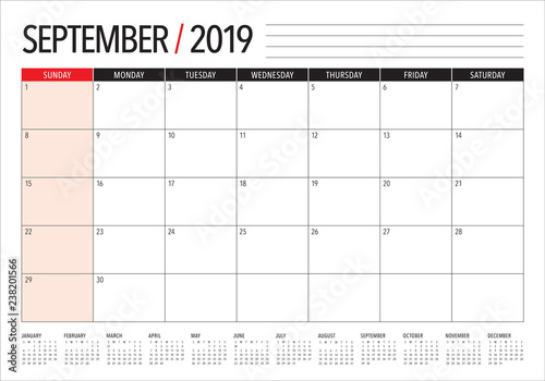 September 2019 desk calendar vector illustration