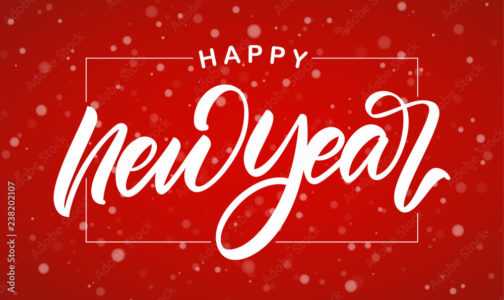 Handwritten calligraphic brush lettering of Happy New Year on red snowflakes background.