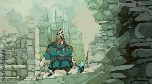 cartoon man in medieval clothes with a hammer stands in ruins
