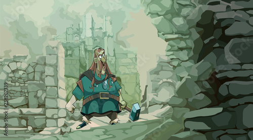 cartoon man in medieval clothes with a hammer stands in ruins