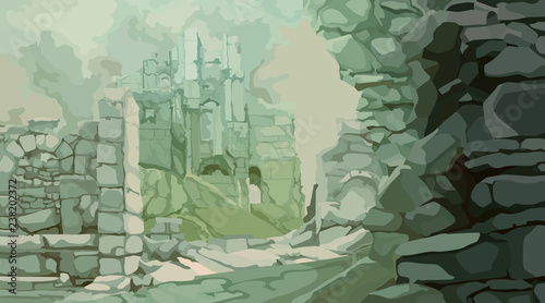 painted medieval stone ruins in a fog of gray green tones