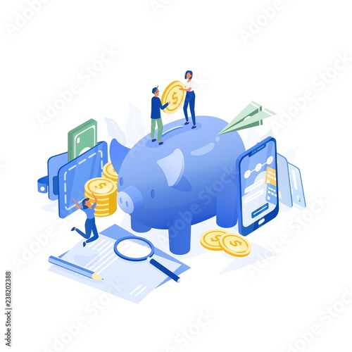 Creative composition with man and woman standing on giant piggy bank and holding coin, wallet, paper plane, smartphone. Money saving and personal finance depositing. Isometric vector illustration.