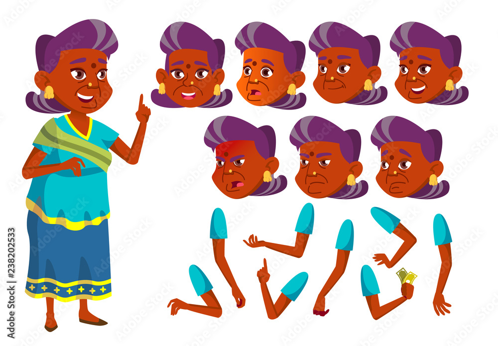 Indian Old Woman Vector. Hindu. Asian. Senior Person. Aged, Elderly People.  Emotional, Pose. Face Emotions, Various Gestures. Animation Creation Set.  Isolated Flat Cartoon Character Illustration Stock Vector | Adobe Stock