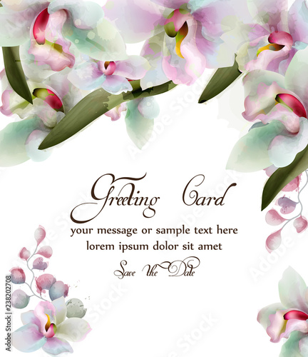 Orchid flowers watercolor card Vector. Beautiful spring frame. Delicate bouqu...
