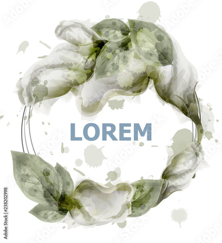 Watercolor flowers wreath card Vector. Abstract round shape frame. Invitation...