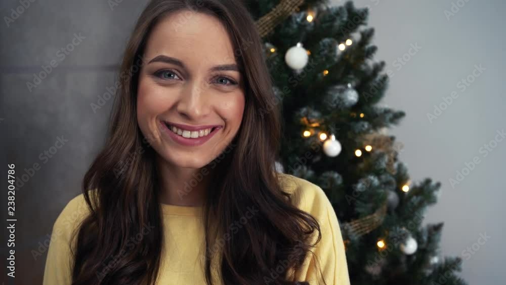 Happy young woman smiling sincerely at the camera in te living room near the Christmas tree. Portrait shot Happy young woman smiling sincerely at the camera in te living room near the Christmas tree. Portrait shot