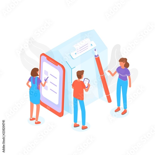 Modern composition with people standing beside giant ballot box at polling station and voting or taking part in political election process. Trendy creative colorful isometric vector illustration.