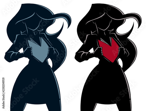 Silhouette illustration of businesswoman revealing her true identity of powerful superheroine.