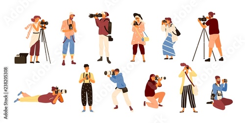 Set of various photographers holding photo camera and photographing. Creative profession or occupation. Cute female and male cartoon characters take photo shot. Colored vector illustration flat style. photo