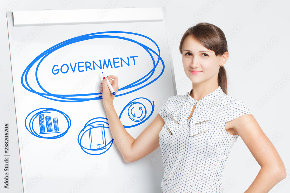 Business, Technology, Internet and network concept. A young entrepreneur writes on the blackboard the word: Government Business, Technology, Internet and network concept. A young entrepreneur writes on the blackboard the word: Government