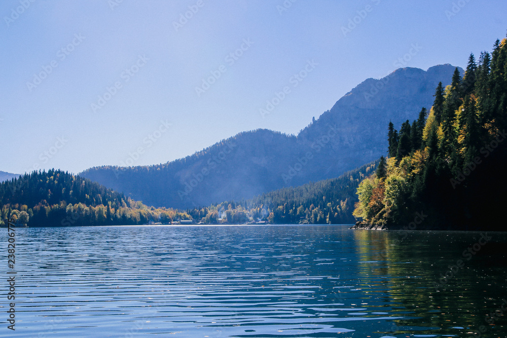 landscape, view of lake Ritsa and mountains.