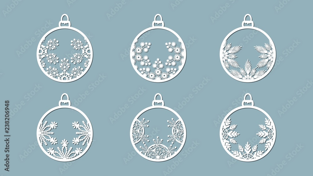 Christmas balls set with a snowflake cut out of paper. Templates for laser cutting, plotter cutting or printing. Festive background. Christmas balls set with a snowflake cut out of paper. Templates for laser cutting, plotter cutting or printing. Festive background.