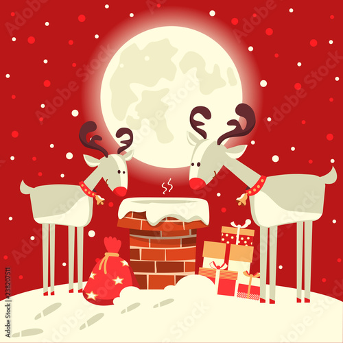 Santa Claus in the chimney with deers in the Christmas holiday winter night. Vector illustration