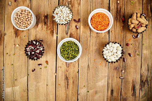 Collection set of beans and legumes. Bowls of various lentils.