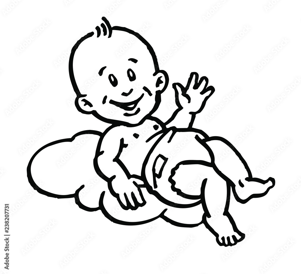 baby boy lying on a cloud and waving his hand black and white baby boy lying on a cloud and waving his hand black and white