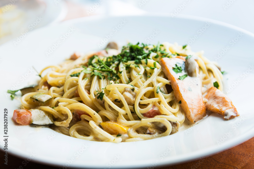 tasty pasta with salmon on a the table tasty pasta with salmon on a the table