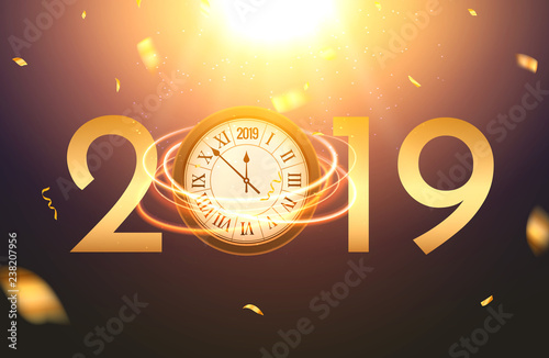 2019 new year shining background with clock. Happy new year 2019 celebration decoration poster, festive card template photo