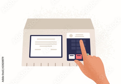 Finger pressing button on electronic voting machine isolated on white background. Device used in political election or referendum to vote. Colorful vector illustration in flat cartoon style.