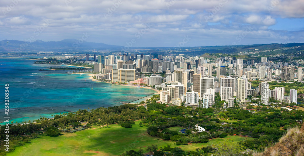 Waikiki and Honolulu area from Diamond Head Lookout, Oahu, Hawaii
