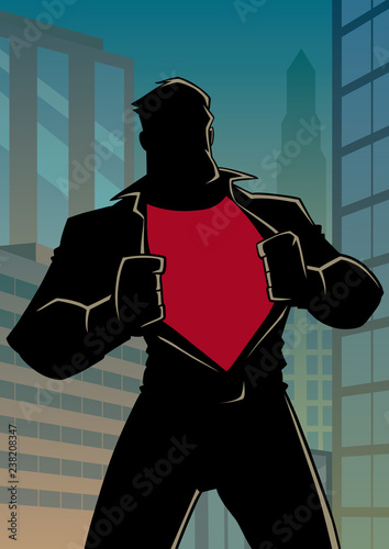 Silhouette illustration of businessman in city, revealing his true identity of powerful superhero.
