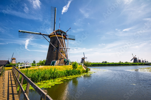 view of traditional windmills in Kinderdijk, The Netherlands.