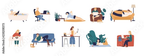 Collection of people surfing internet on their laptop and tablet computers. Set of men and women spending time online isolated on white background. Colorful vector illustration in flat cartoon style.