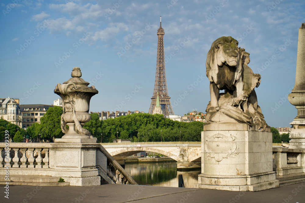 PARIS, FRANCE - MAY 26, 2018: Sculpture of a lion on Pont Alexandre III. View of the bridge of the Invalides and the Eiffel Tower.
