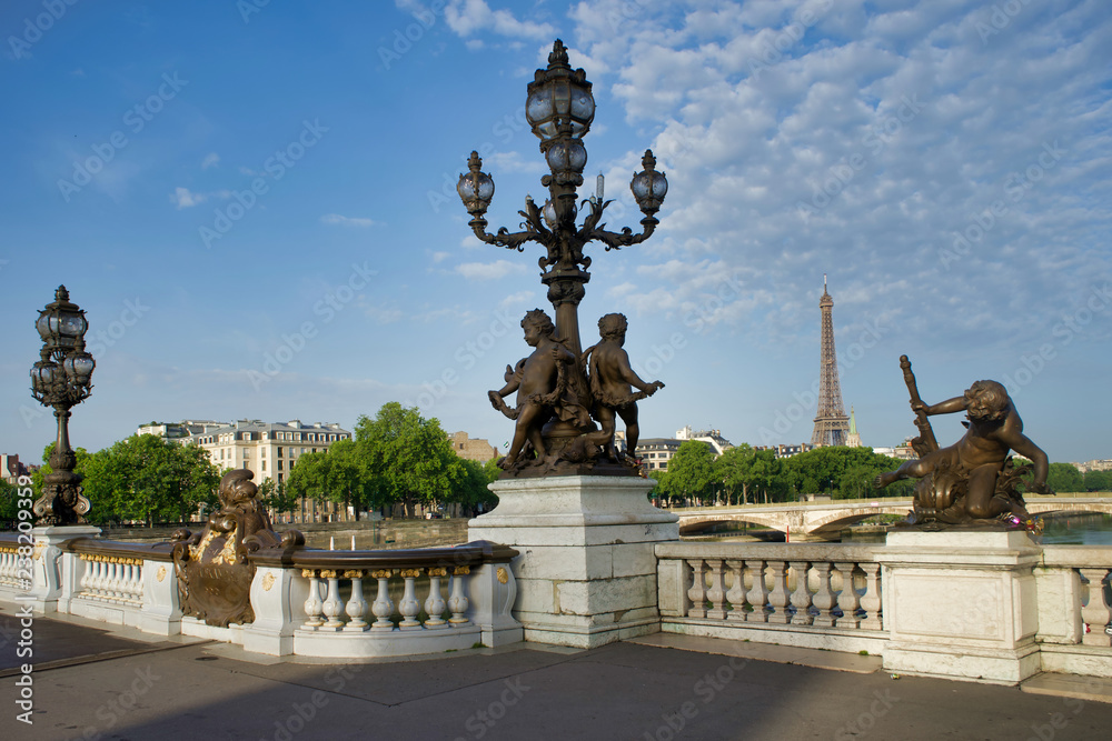 Fototapeta premium PARIS, FRANCE - MAY 26, 2018: Sculptures on Pont Alexandre III. View of the Bridge of Invalids and the Eiffel Tower.