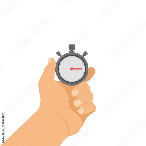 Hand holding a stopwatch, stopwatch in hand. Hand holds stopwatch, measuring device. Stopwatch in hand icon. Sport timer on competitions. Vector illustration.