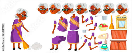 Indian Old Woman Vector. Hindu. Asian. Senior Person Portrait. Sari. Elderly People. Aged. Animation Creation Set. Face Emotions, Gestures. Beautiful Retiree. Life Design. Animated. Illustration