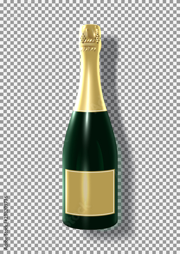 3d dottle of Champagne isolated on transparent background. Vector illustration with realistic green glass bottle with golden label. Element for Christmas, new year, birthday, valentine's day design.