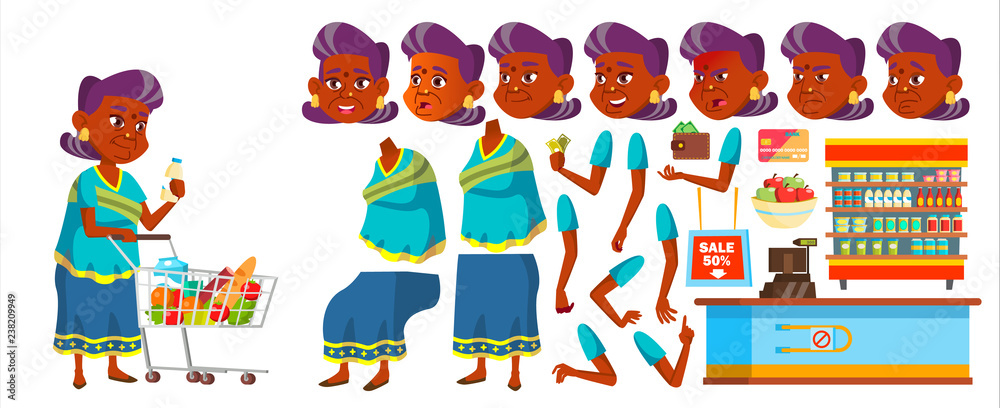 Indian Old Woman Vector. Senior Person Portrait. Elderly. Aged. Animation Creation Set. Sari. Face Emotions, Gestures. Funny Pensioner. Leisure. Cover Design. Animated. Isolated Cartoon Illustration