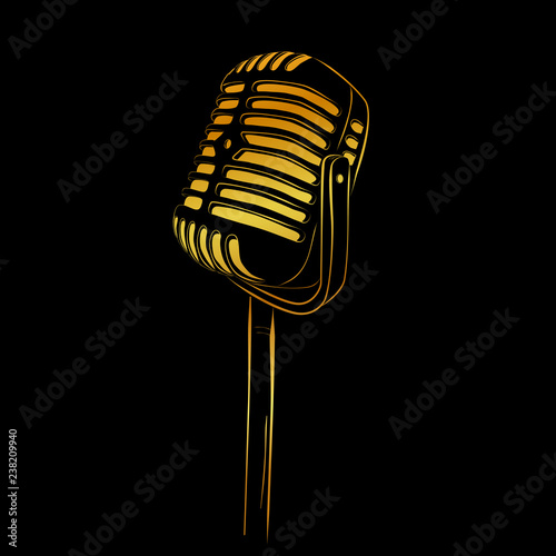 Vector Golden hand draw sketch of classic microphone at black background
