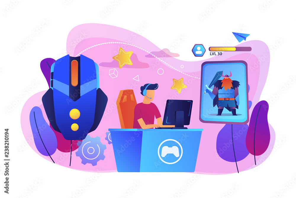 Gamer plays role-playing game online and hero avatar in fantasy world.  MMORPG, massive multiplayer game, role-playing online games concept. Bright  vibrant violet vector isolated illustration Stock Vector