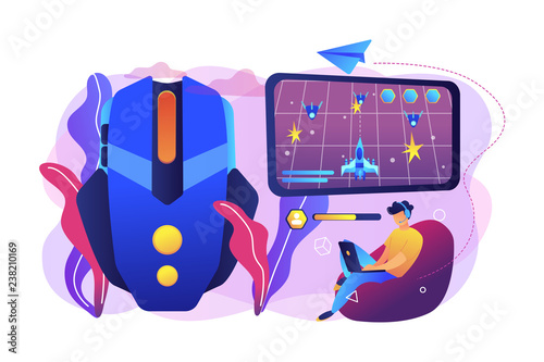 Gamer with laptop overcomes challenges in space video game and gaming mouse. Action games, first-person shooter, action games championship concept. Bright vibrant violet vector isolated illustration