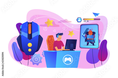 Gamer plays role-playing game online and hero avatar in fantasy world. MMORPG, massive multiplayer game, role-playing online games concept. Bright vibrant violet vector isolated illustration