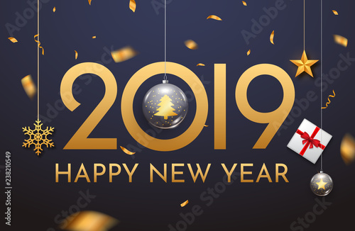 2019 new year shining background with ball. Happy new year 2019 celebration decoration poster, festive card template photo