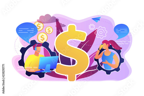 Customer has conversation on smartphone with assistant in real-time. Conversational sales, conversational marketing, real-time chatbot sale concept. Bright vibrant violet vector isolated illustration