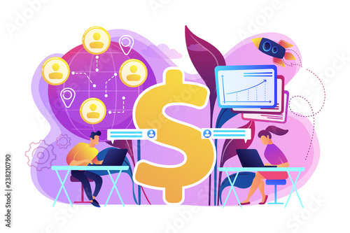 Salespeople team working remotely with customers all over the world and dollar sign. Virtual sales, remote sales method, virtual sales team concept. Bright vibrant violet vector isolated illustration