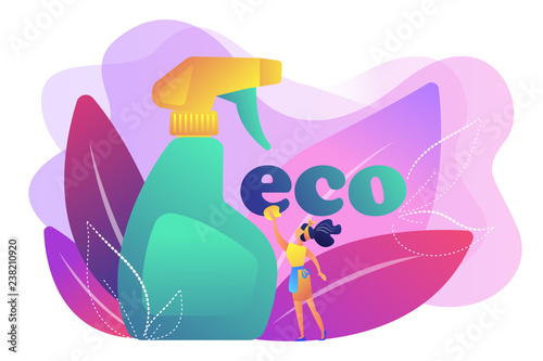 Green cleaning company employee tidies up with nature friendly spray. Green cleaning, eco cleaning company, environmentally friendly service concept. Bright vibrant violet vector isolated illustration