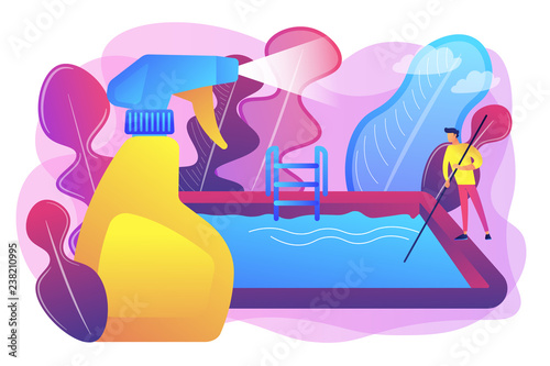 Swimming pool service worker with net cleaning water. Pool and outdoor cleaning, swimming pool service, outdoor cleaning company concept. Bright vibrant violet vector isolated illustration