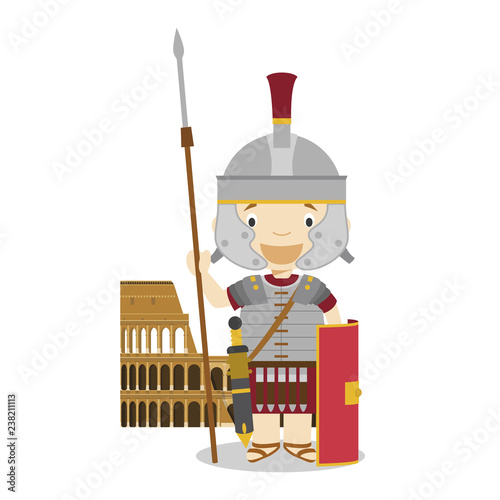 Roman Empire soldier cartoon character with The Colisseum. Vector Illustration. Kids History Collection.