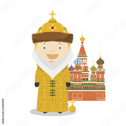 Russian empire cartoon character with Saint Basils Cathedral. Vector Illustration. Kids History Collection.