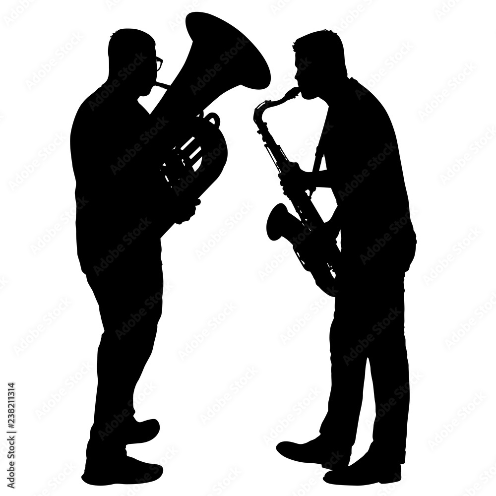 Silhouette of musician playing the saxophone and tuba on a white background Silhouette of musician playing the saxophone and tuba on a white background