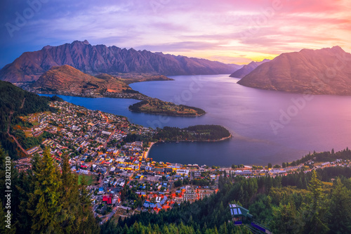 Fototapeta Naklejka Na Ścianę i Meble -  Aerial view of Queenstown downtown at twilight sunset, South Island, New Zealand